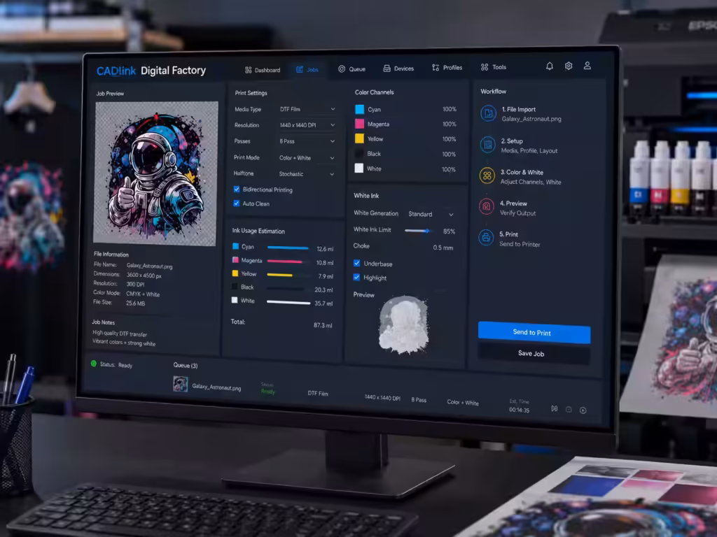 CADlink Digital Factory interface for managing DTF print jobs